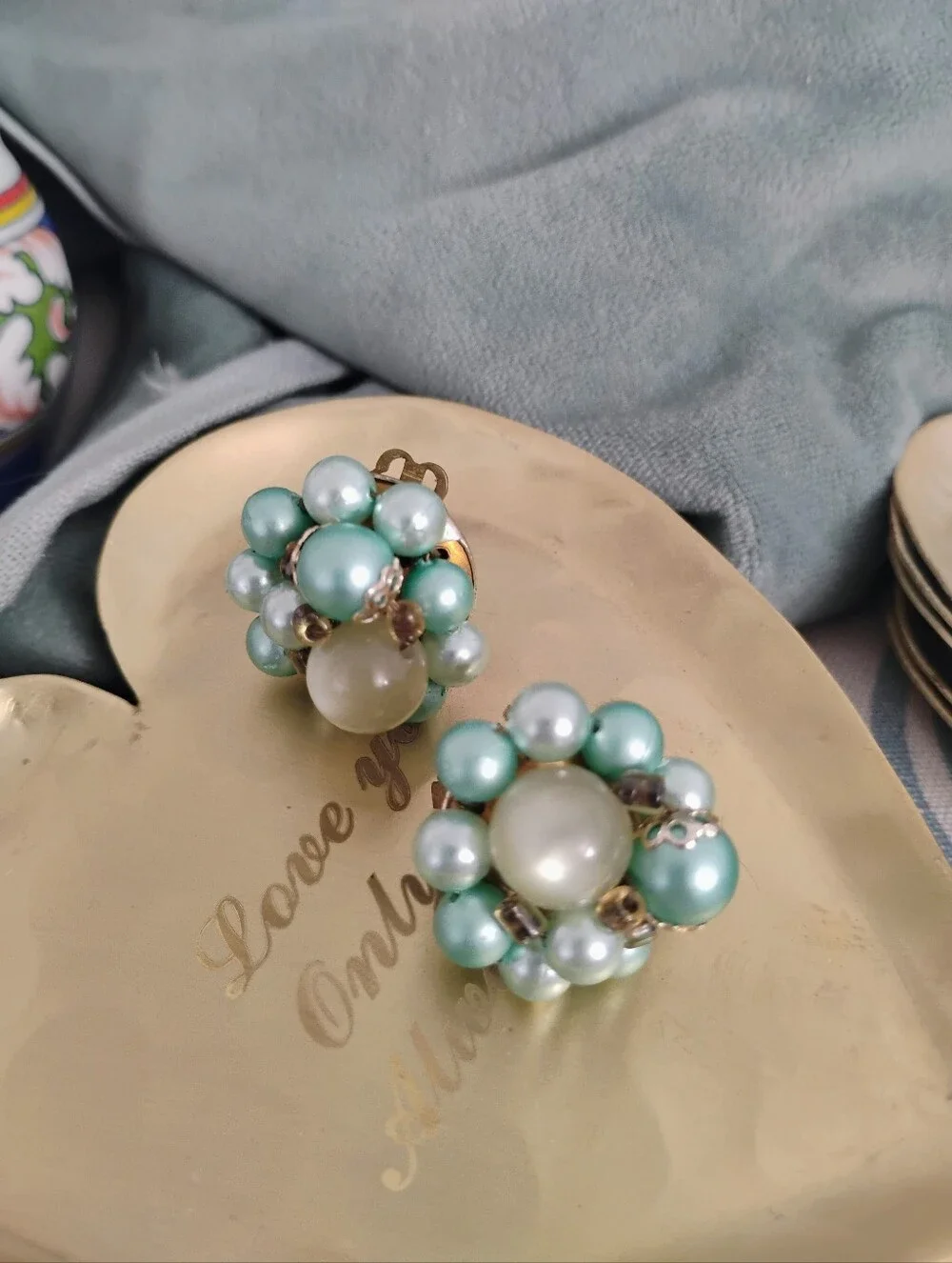 Vintage, Turquoise Pearl Statement Earrings, Clip On, Made In Japan